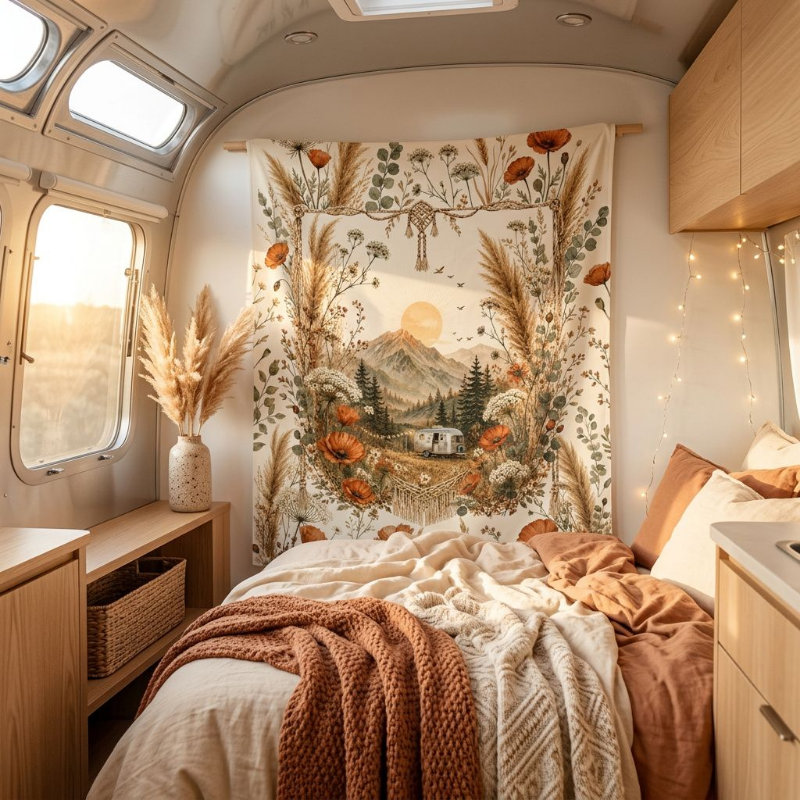 Warm golden Airstream bedroom interior — cozy textiles, soft light, home on wheels